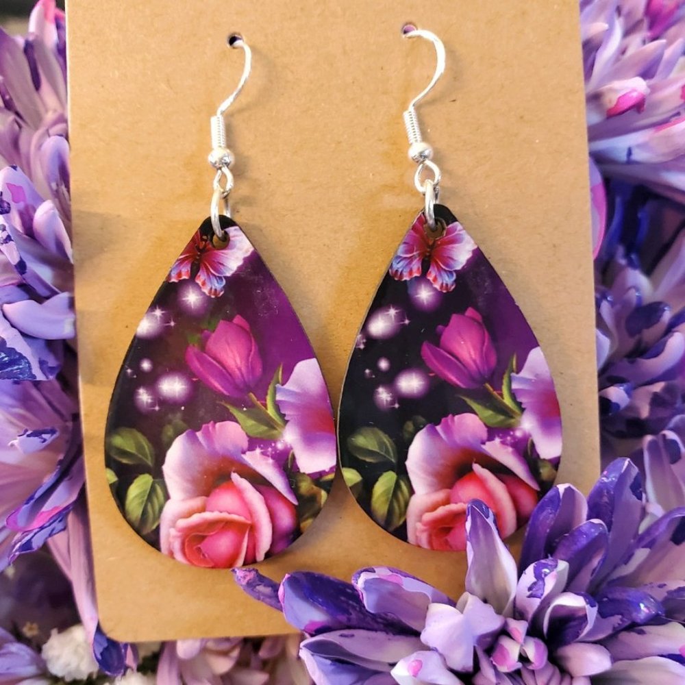 Pink Butterfly & Flowers Teardrop Earrings